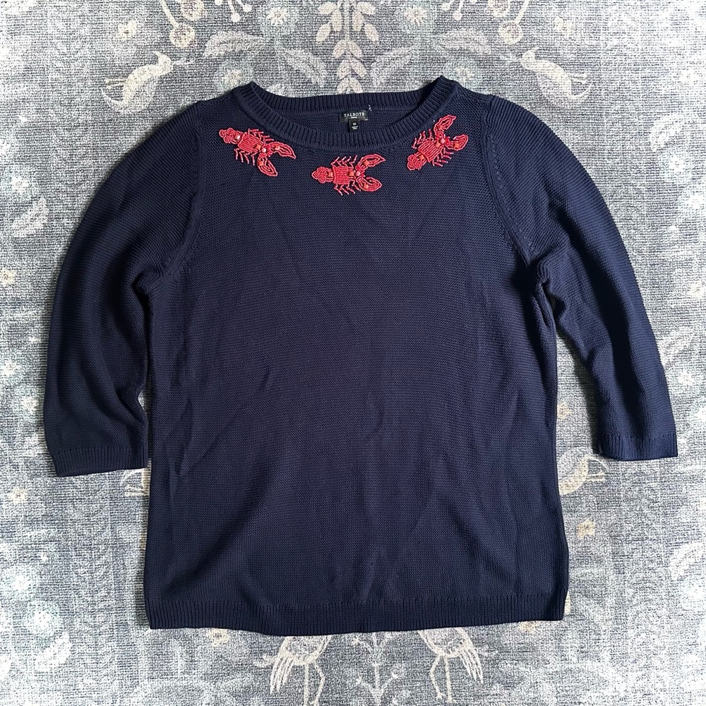 Talbots Navy Crewneck Sweater with Red Embroidered Lobsters